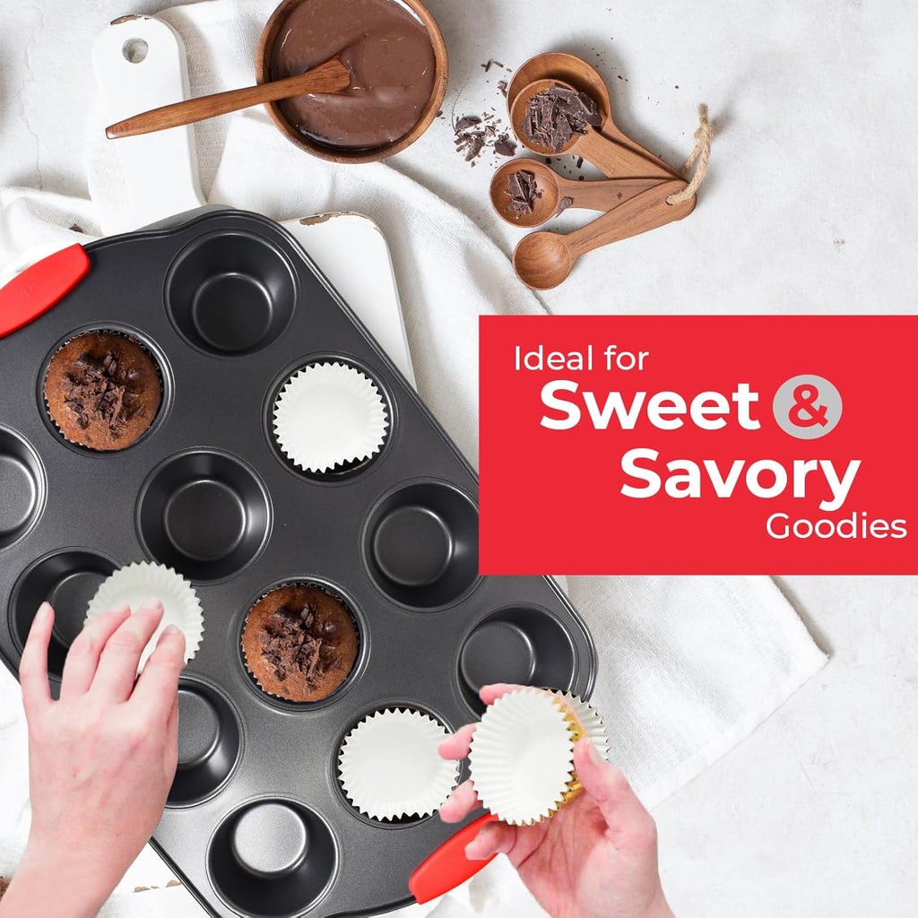 PERLLI Non-Stick Baking Pan Set - 6-Piece BPA-Free Carbon Steel Bakeware with Silicone Handles | Oven Safe Up to 446°F