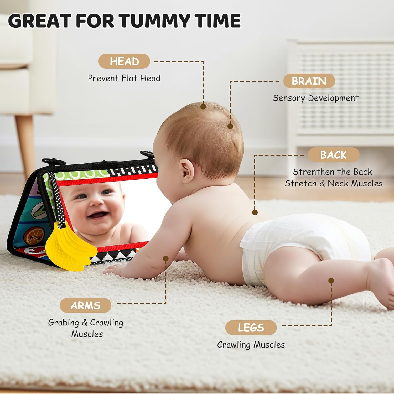 Skiennix 3PCS High Contrast Baby Toys - Tummy Time Mirror & Crinkle Cloth Teether for Newborns