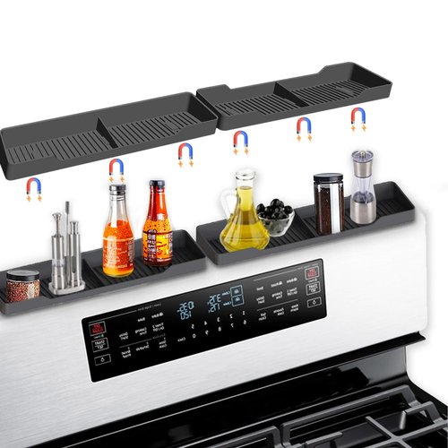 BoBoWalk 30 Inch Magnetic Silicone Stove Top Shelf, Heat Resistant Spice Rack for Kitchen, Space Saving Organizer with 6 Sticky Pads, Fits Back of Stove（Black 30''x3.8''）