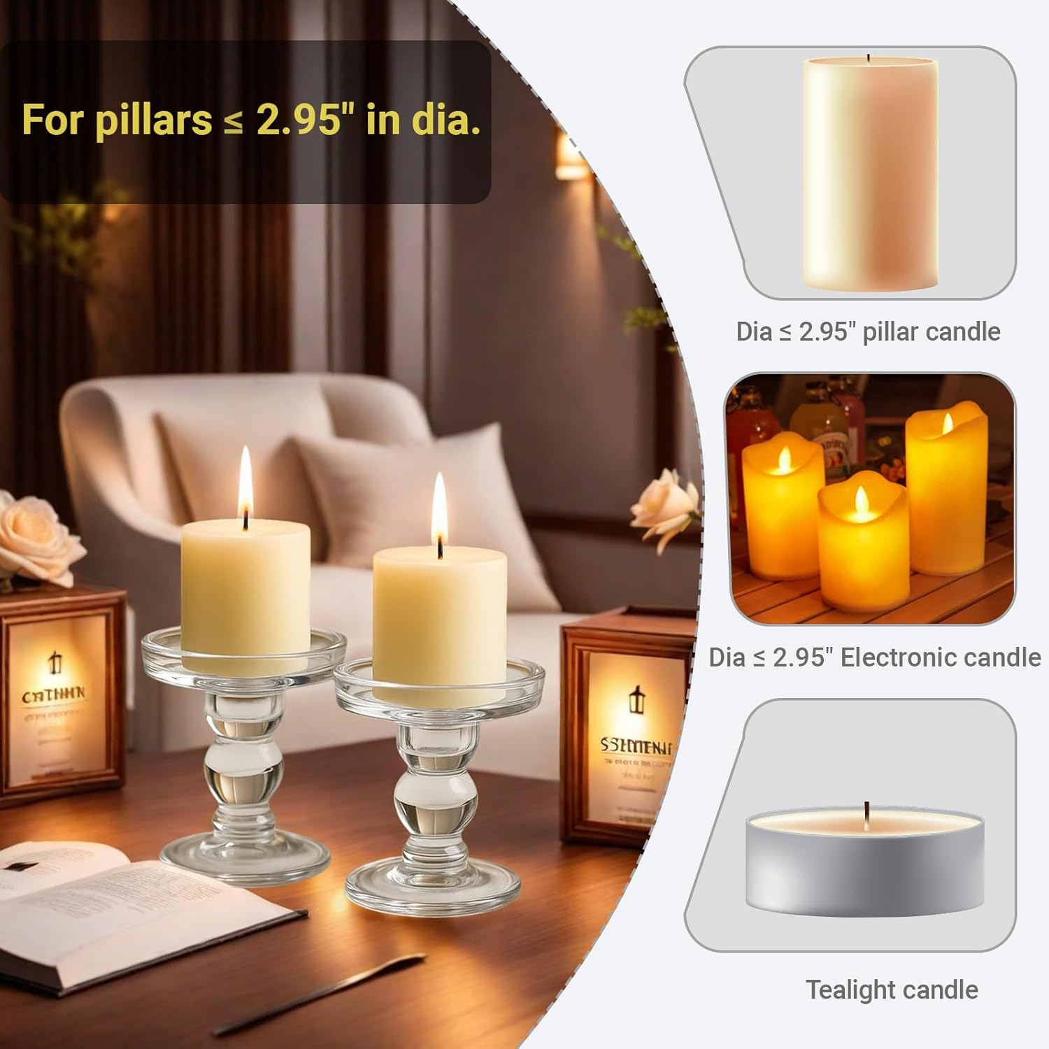 Regine Switzerland Glass Candle Holders - Elegant Pillar Candle Holder Set of 3 for Weddings | Home Decor