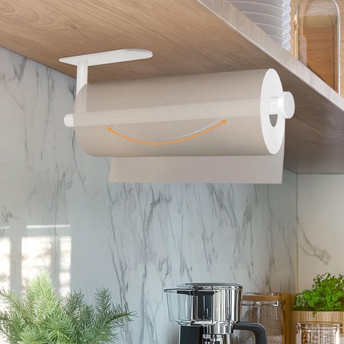 MEIJO Paper Towel Holder with Damping Function, Paper Towel Holder Under Cabinet Self-Adhesive or Drilling, Wall Mounted Napkin Roll Holder for Kitchen Bathroom Rv Camping, Stainless Steel (White)