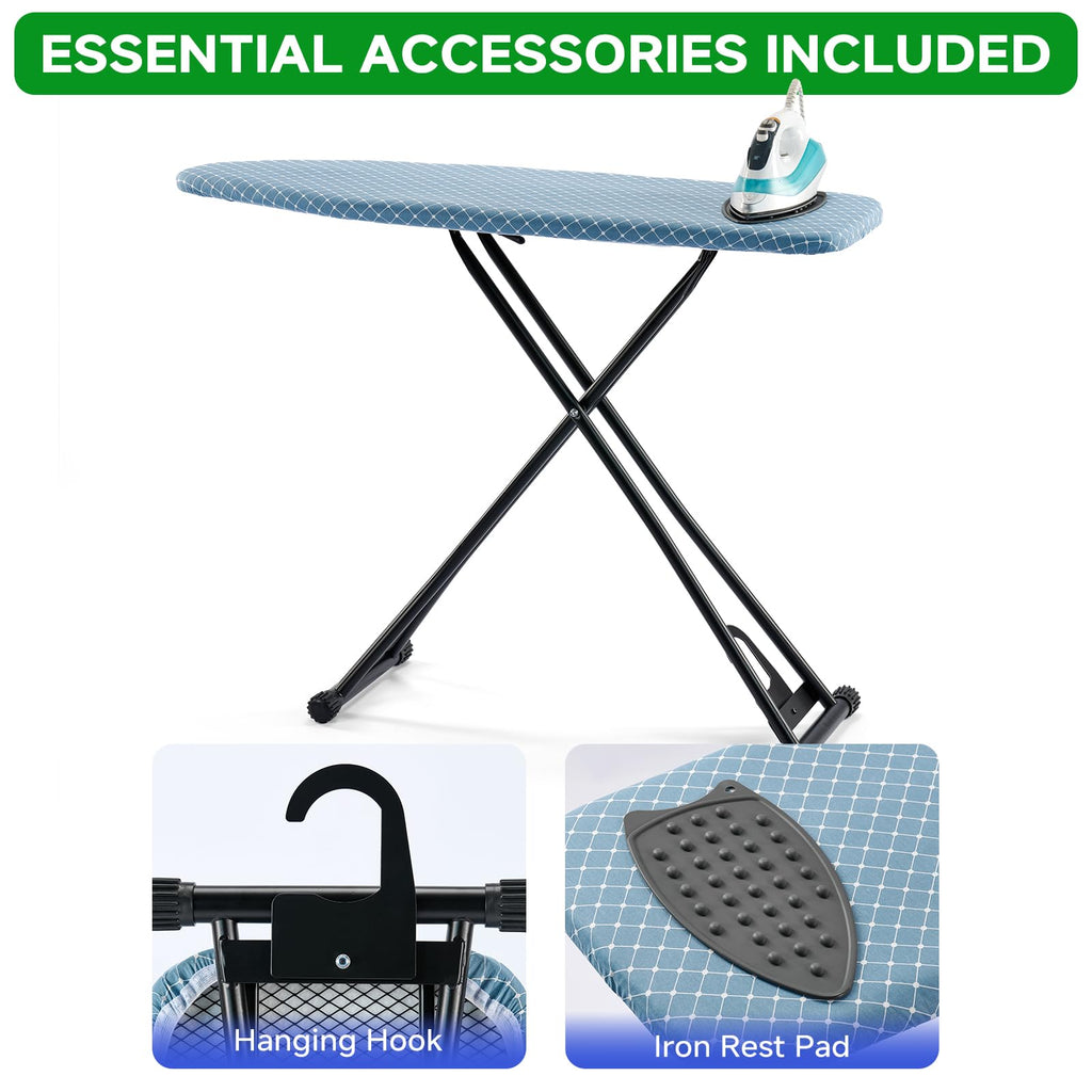 BKTD Compact Ironing Board 13 x 43, Iron Board with Heat Resistant Surface, Adjustable Height, Space Saving Table with Hook & Iron Rest for Home & Laundry Room, Diagonal Checkered Blue
