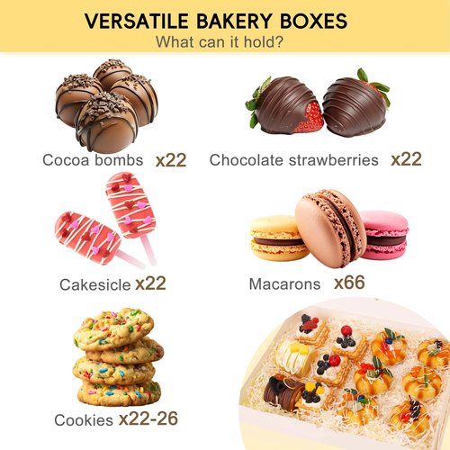 Moretoes 60pcs 16x11x2.5 Inch Cookie Boxes, Bakery Boxes with 3 Style Window for Pastries, Pies, Muffins, Chocolate Covered Strawberries