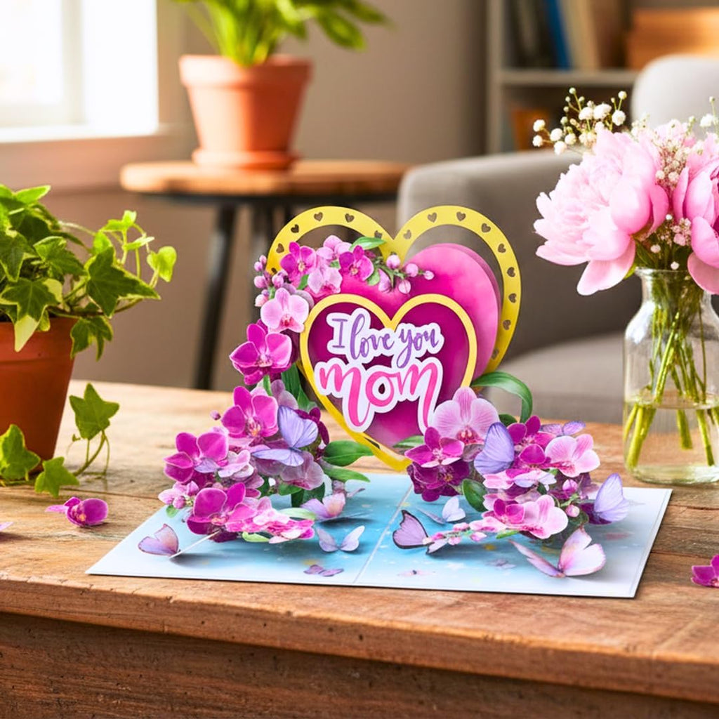 Regine Switzerland 3D Pop-Up Mother's Day Card - "I Love You Mom" Orchid Design | Premium Greeting Card with Envelope