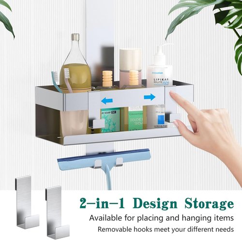 Emibele Over The Door Shower Caddy - Rustproof 304 Stainless Steel Organizer for Glass Doors | 23x10x10cm, Silver