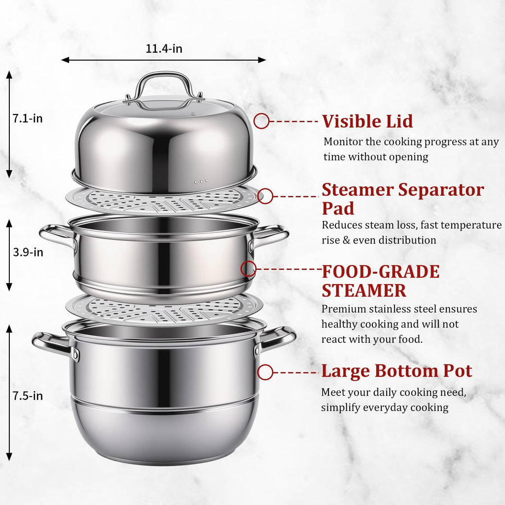 2-Tier Stainless Steel Induction Steamer Pot (30cm/11.8Inch) - Large Food Steamer for Dumplings, Buns & Dim Sum - Dishwasher Safe with Even Heat Distribution