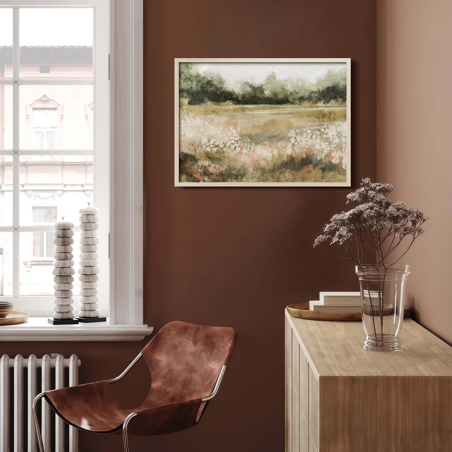 Skiennix Framed Canvas Wall Art - Rustic Field Landscape Print | Vintage Country Nature Artwork 12x16 Inch