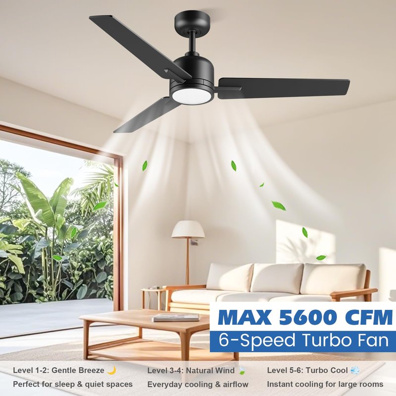 52 inch Ceiling Fans with Lights and Remote, Dimmable 3 Color temperatures LED, Reversible with Quiet DC Motor, 3 Blade High CFM Indoor Outdoor Modern Ceiling Fan for Bedroom Living Room (Black)