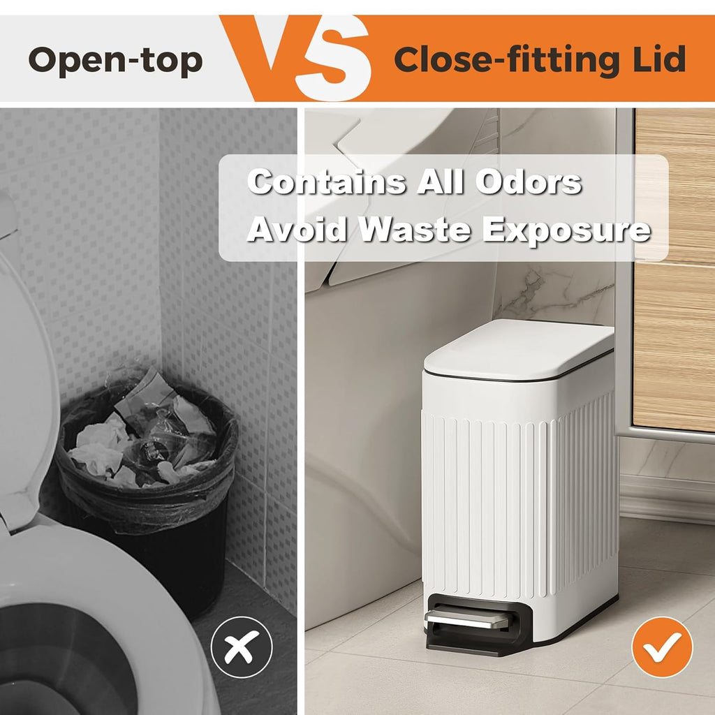 TrashAid Slim Bathroom Trash Can - Soft Close Lid, 6L Stainless Steel Wastebasket | White