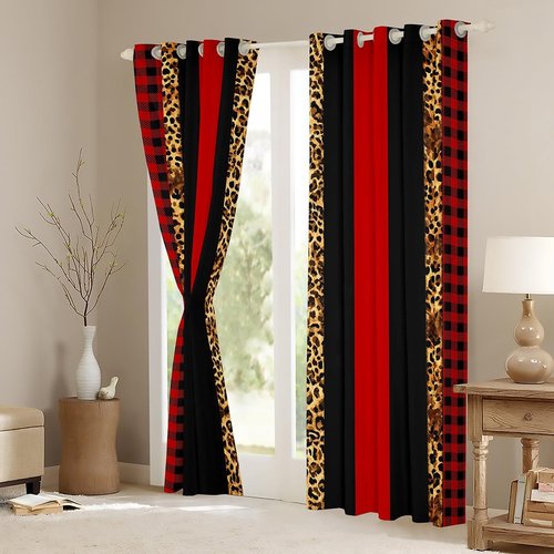 Manfei Leopard Print Blackout Curtains Red Brown Black Stripes Window Drapes, Wild Animal Cheetah Skin Window Treatments for Kids Boys Girls Room Decor, Grommet Top 2 Panel Set Curtains, 42Wx63L inch