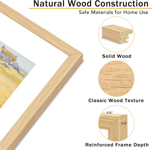 JCJMY 8x10 Picture Frame Set of 3 - Solid Wood Design with Shatter-Resistant Plexiglass | Natural Finish