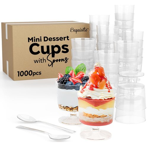 Exquisite Mini Dessert Cups With Spoons 1,000 Pcs - 2 Oz Round Clear Plastic Pudding Cups Disposable With Tasting Spoons 500 Sets | Mini Parfait Cup | Appetizer Cup For Party & Events