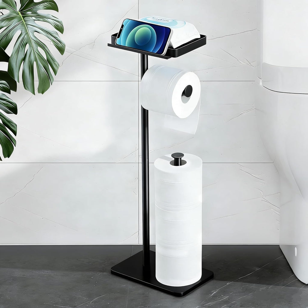 Skiennix Toilet Paper Holder Stand - Rustproof Free Standing Design with Phone Shelf - Black