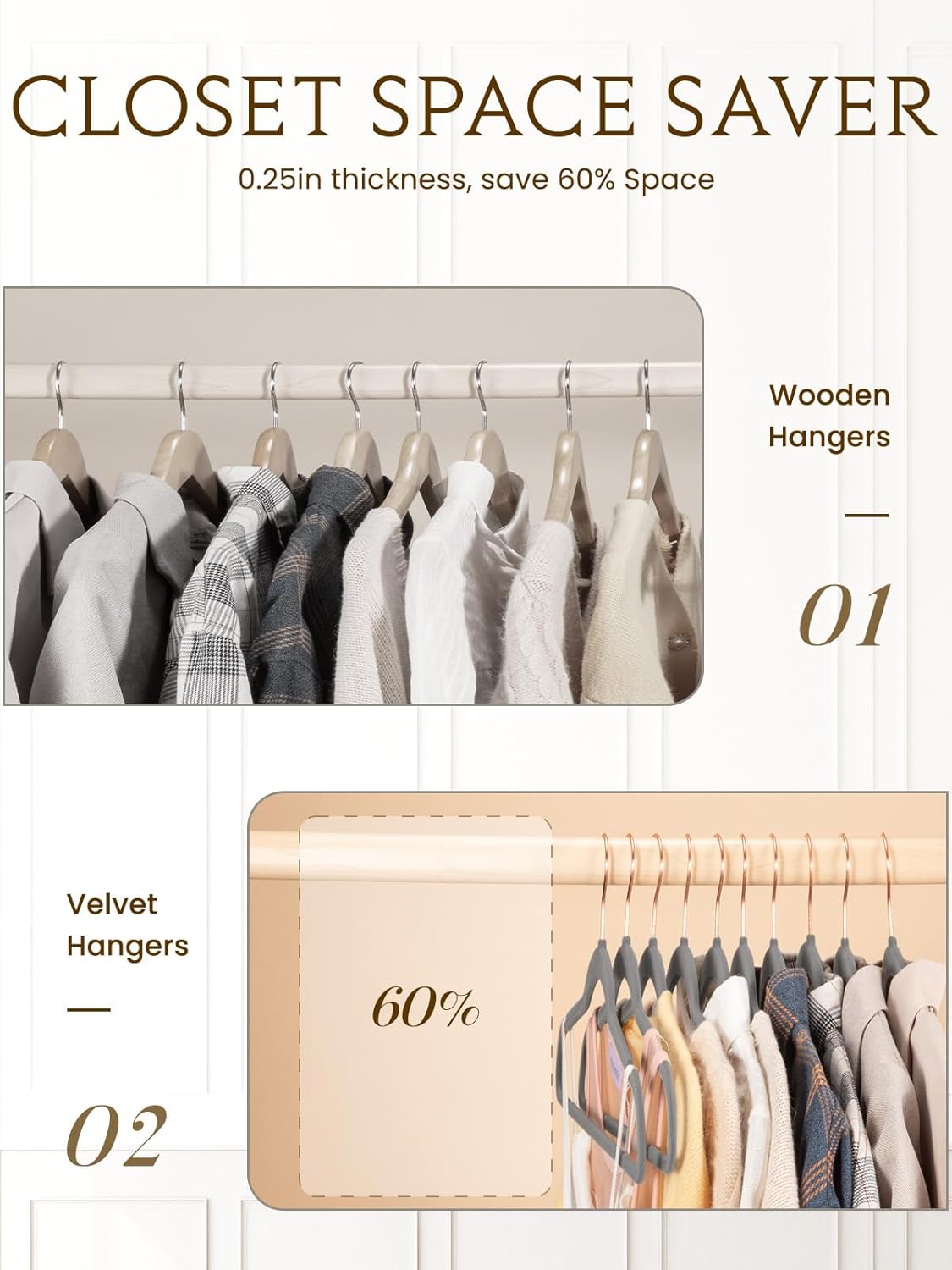 Smartor Grey Velvet Hangers - 50 Pack Non-Slip Heavy Duty Felt Hangers with 360° Rotating Rose Gold Hook | Slim Space-Saving Closet Organizer