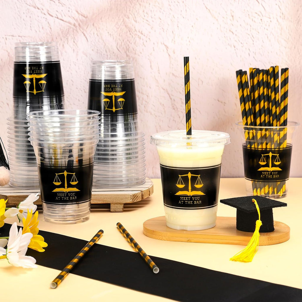 Whaline 50Pcs 12Oz Law School Graduation Cups - Disposable Plastic with Lids & Straws for Celebrations