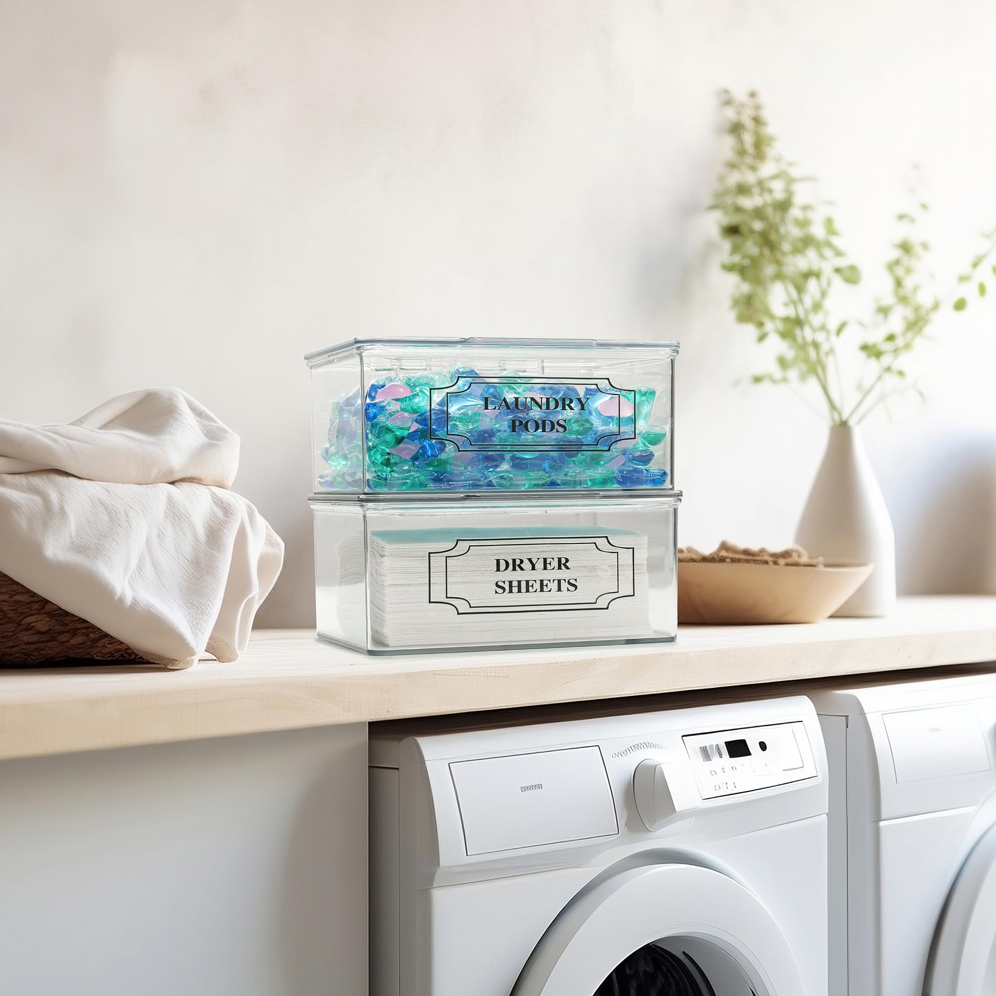 SSTATES Clear Acrylic Dryer Sheets Holder, Flip-top Laundry Pods Container with 2 Label Decals for Laundry Room Organization and Décor, Stackable Storage Box (2 Pack)