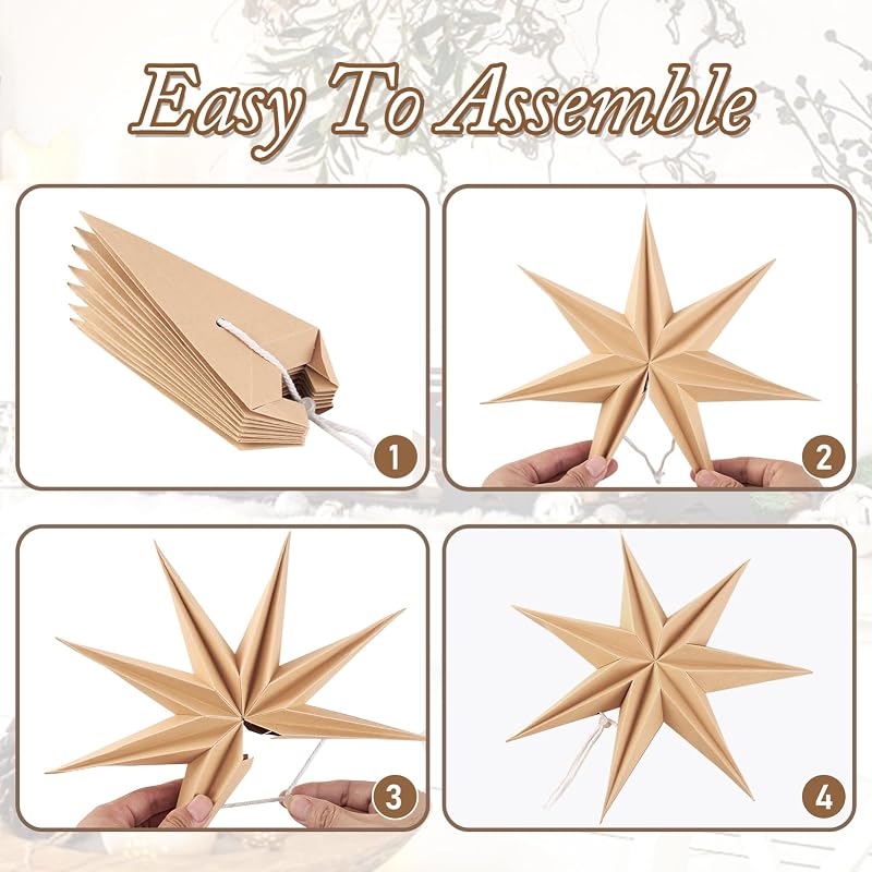 Christmas 12in 7-Pointed Natural Paper Star Hanging Decoration Set - 3 Warm Holiday Ornaments (Variation: Hot Brown Stars)