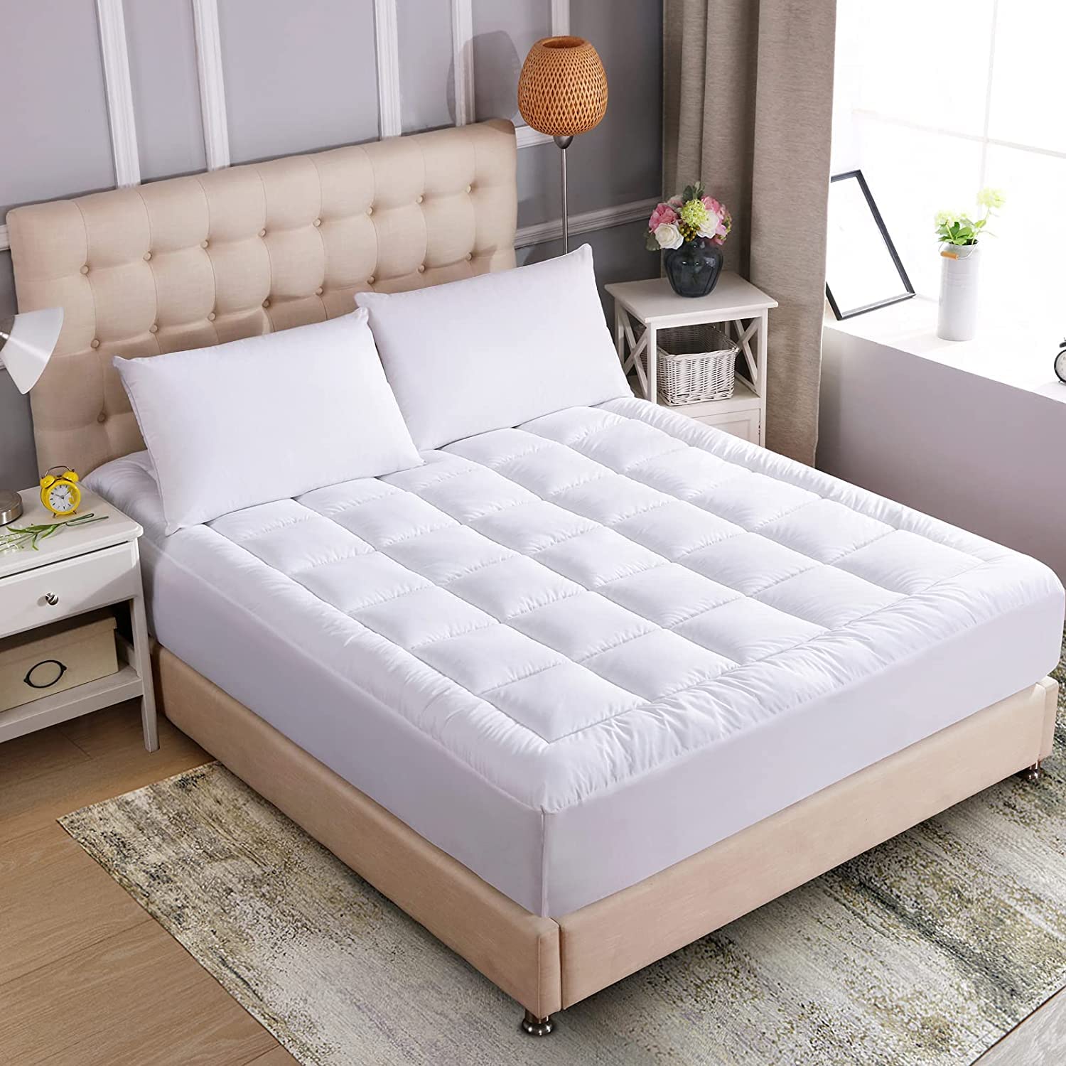 WhatsBedding Waterproof Mattress Pad King Size Cotton Top Down Alternative Filling Pillowtop Mattress Topper Cover-Fitted Quilted (Waterproof King)