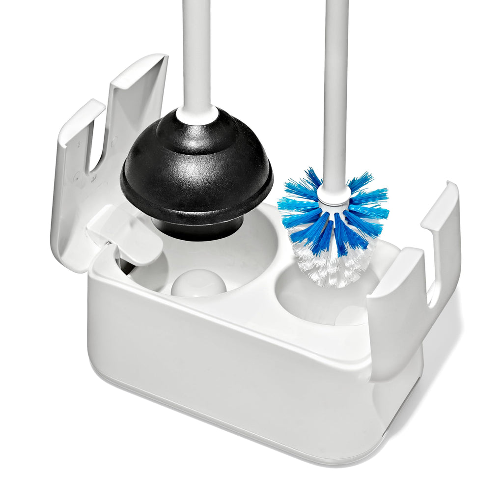 OXO Good Grips Toilet Brush & Plunger Set | Two Bathroom Essentials in one Space-Saving Canister | Toilet Bowl Cleaner and Plunger with Holder, Perfect for Small bathrooms