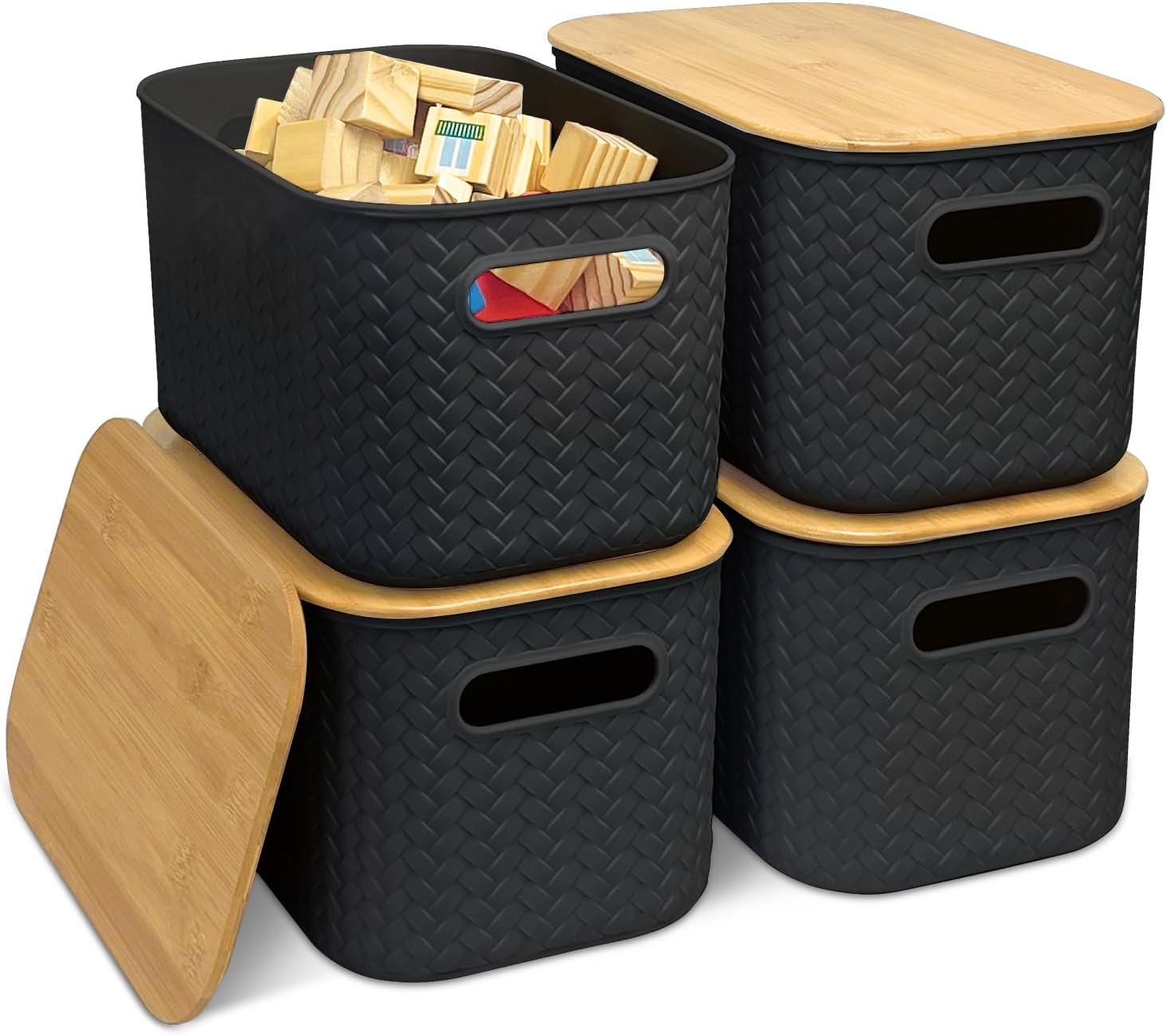Soddeph Plastic Storage Bins - 4 Pack Stackable Containers with Bamboo Lids for Organizing (Black)