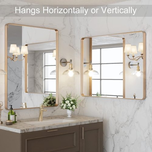 LOAAO Gold Bathroom Mirror - 28”X36” Rounded Rectangle Design | Wall-Mounted, Anti-Rust Tempered Glass