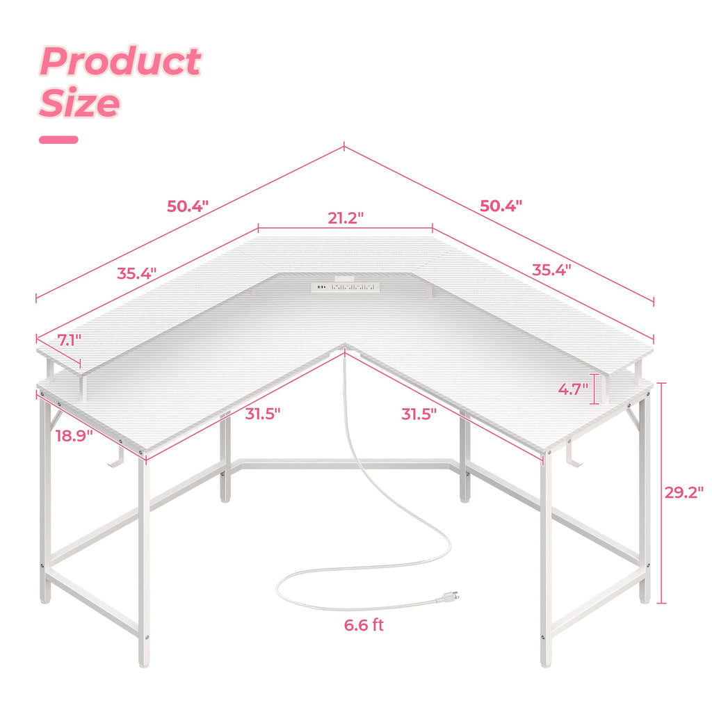Huuger L Shaped Gaming Desk with Power Outlets & LED Lights, Computer Desk with Monitor Shelves, Carbon Fiber Surface, Home Office Desk, Corner Gaming Desk with Hooks, Carbon Fiber White