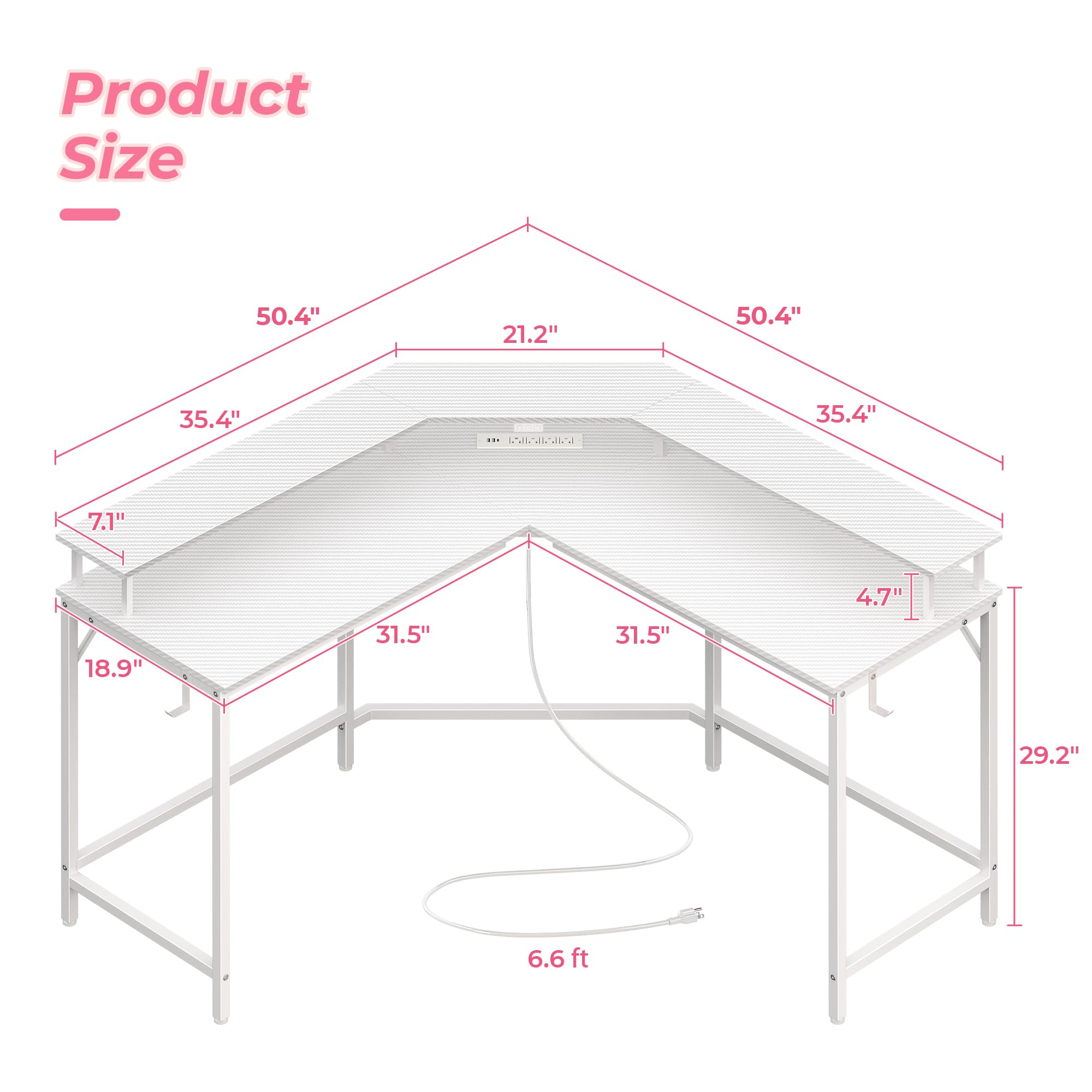 Huuger L Shaped Gaming Desk with Power Outlets & LED Lights, Computer Desk with Monitor Shelves, Carbon Fiber Surface, Home Office Desk, Corner Gaming Desk with Hooks, Carbon Fiber White