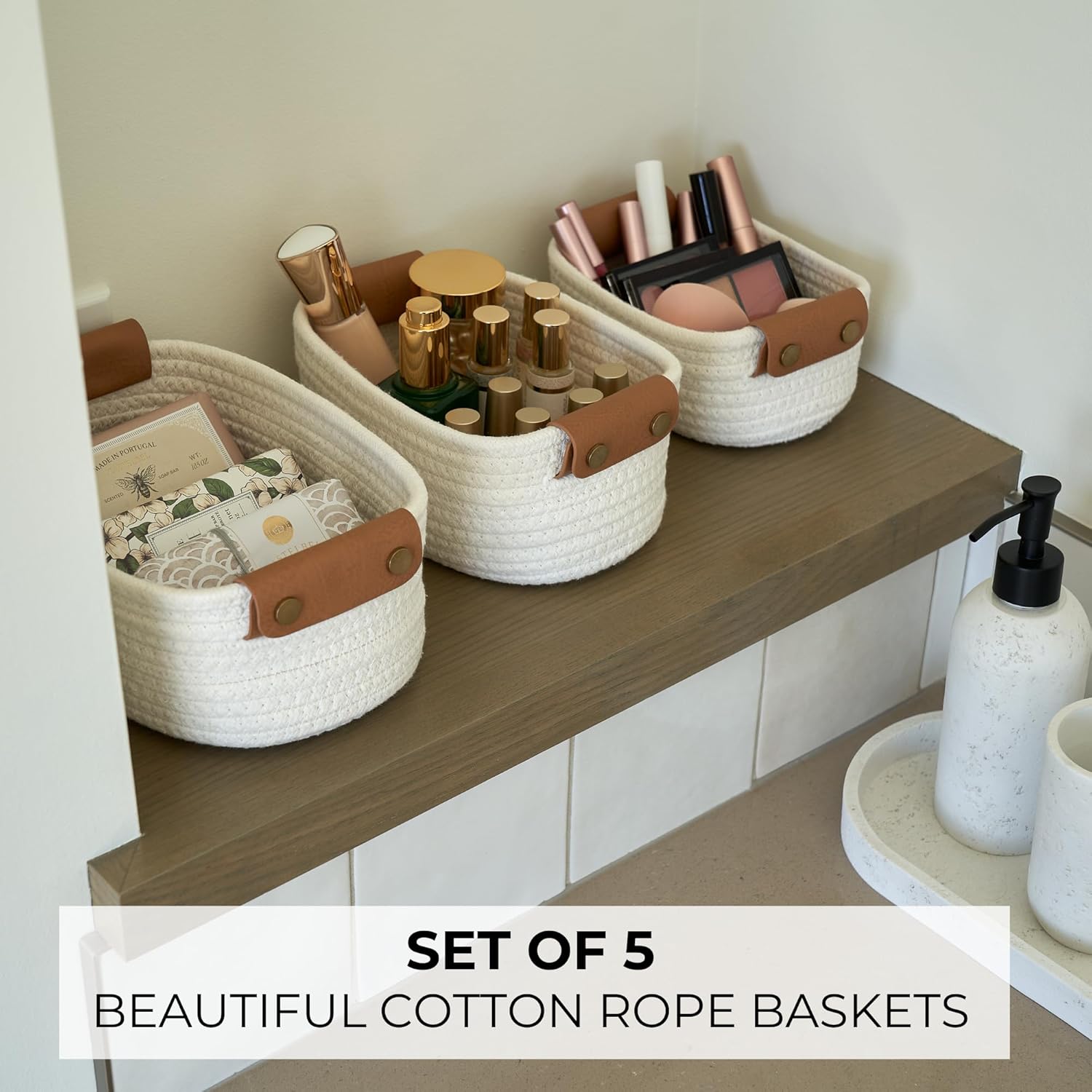 Skiennix Beautiful Storage Basket Set of 5 - Sturdy Cotton Rope Baskets for Home Organization | Perfect for Nursery & Bedroom Decor