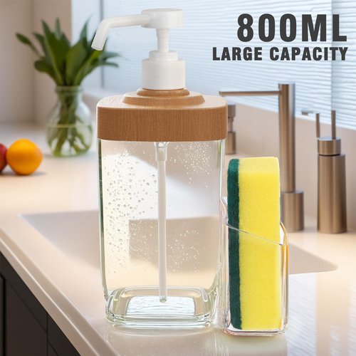 Kitchen Soap Dispenser with Sponge Holder, 800ml Large Capacity Dish Soap Dispenser Caddy, Shatterproof & Rustproof Sink Organizer with Extended Tube, Removable Caddy - Free Funnel Included-Wood Grain