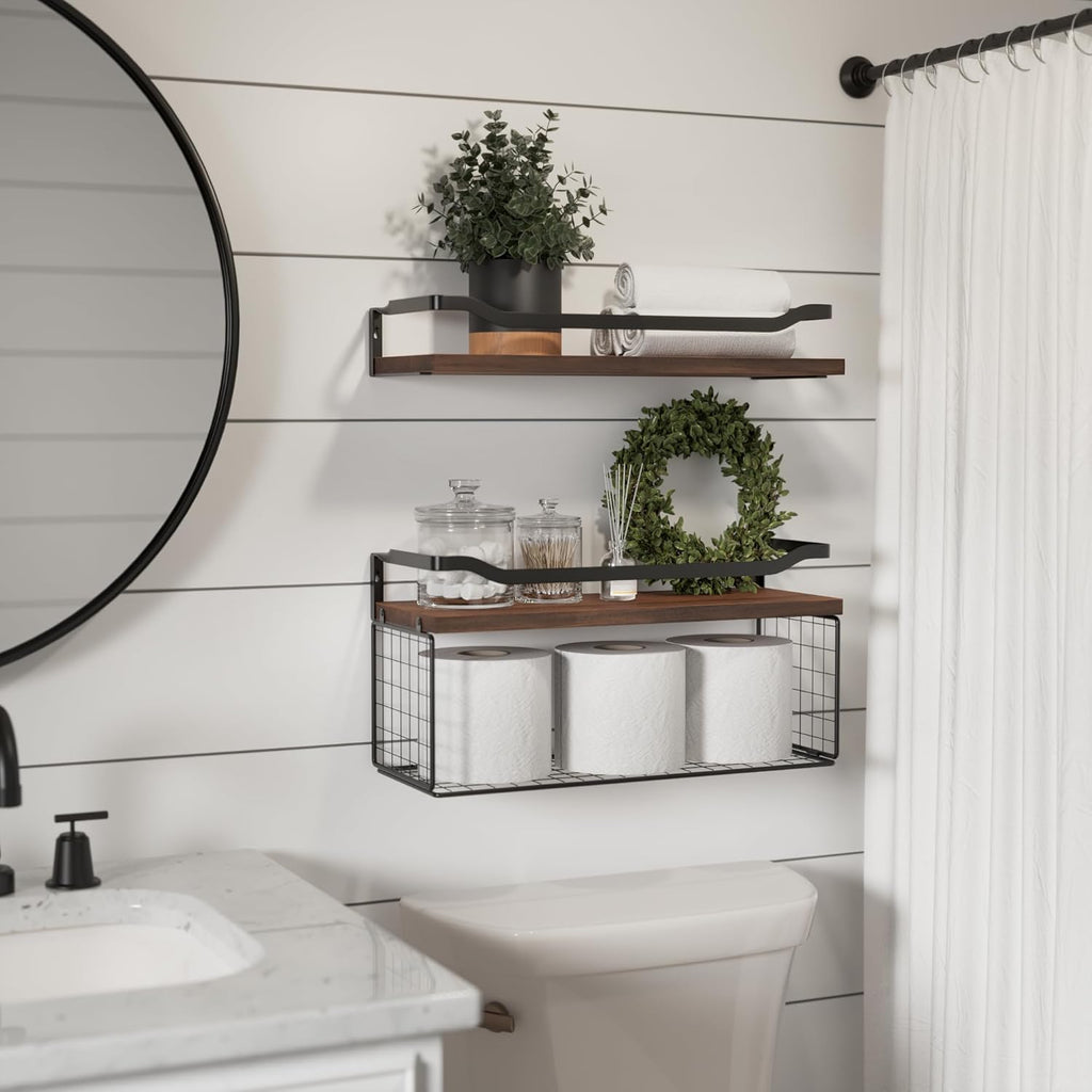 WOPITUES Floating Shelves - Stylish Wood Wall Storage with Metal Guardrail | Dark Brown, Ideal for Bathroom & Living Room