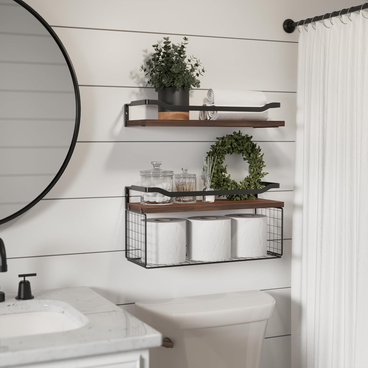 WOPITUES Floating Shelves - Stylish Wood Wall Storage with Metal Guardrail | Dark Brown, Ideal for Bathroom & Living Room