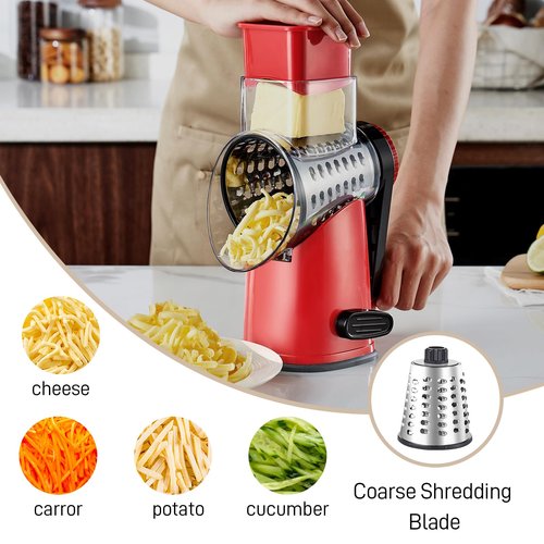 Weltonhm Rotary Cheese Graters with 4 Blades, Hand Crank Cheese Grater with Waffle Slicer, Red, Black and White Cheese Shredder with Suction Base, Easier for Shredding & Grating (Red, 4 Graters)