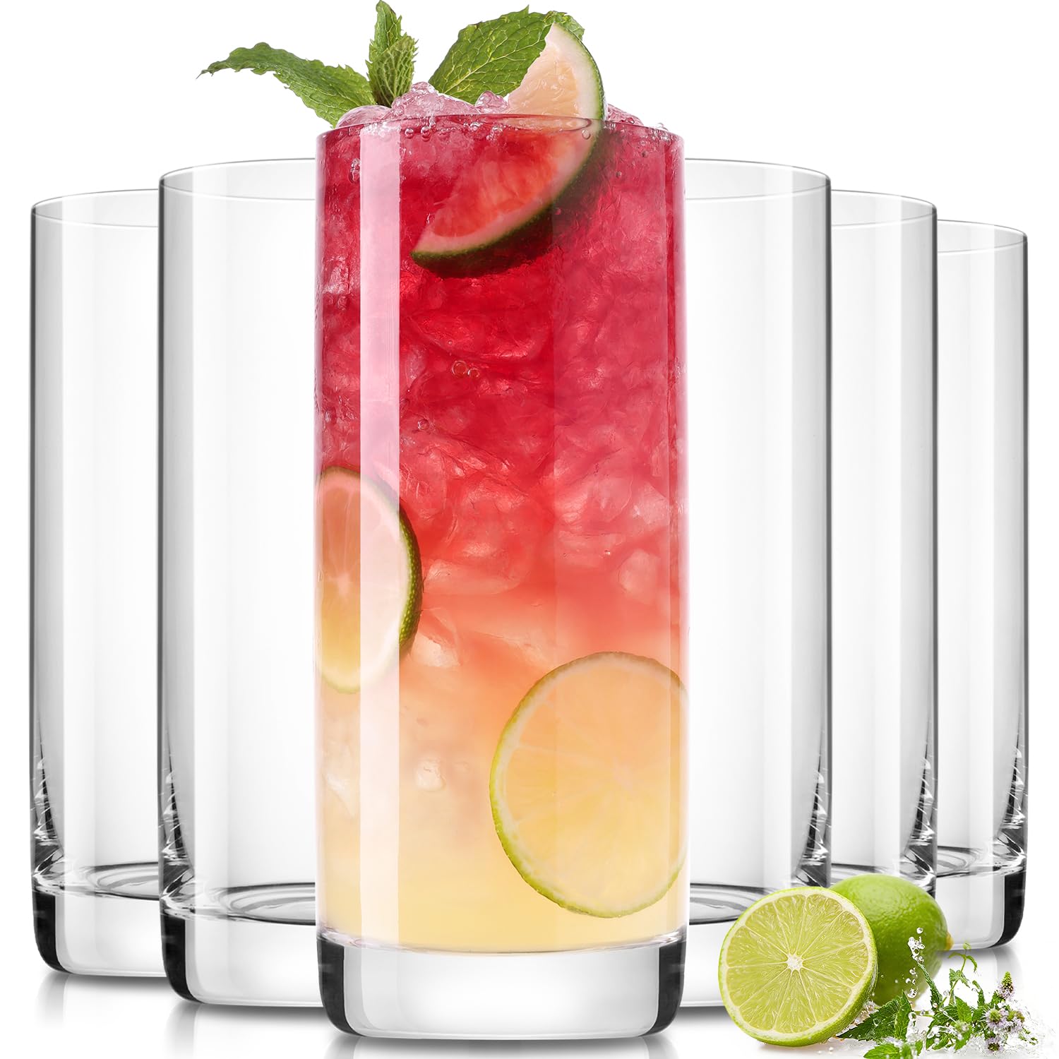 LUNA & MANTHA Drinking Water Glasses Set, Lead-Free Crystal Highball Glass, Tall Glass Cups for Cocktail Parties,Clear set of 6,13oz