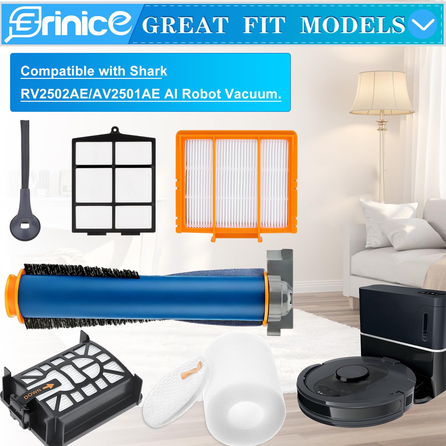 Erinice Replacement Parts for Shark AI Robot Vacuum AV2501S AV2501AE RV2502AE RV2520AOUS AV2510AOUS RV2610WA Accessories Kit with Main Roller Brush Filters, Foam & Primary Filters, Side Brushes