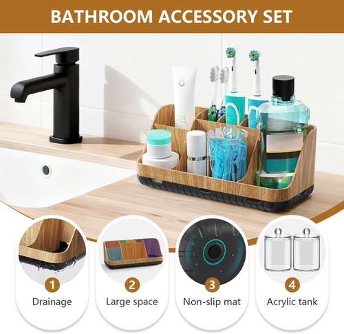 GFWARE Bathroom Toothbrush Holder Set - 2 Pack Qtip Dispenser with Drainage | 7 Slots for Kids' Bathroom