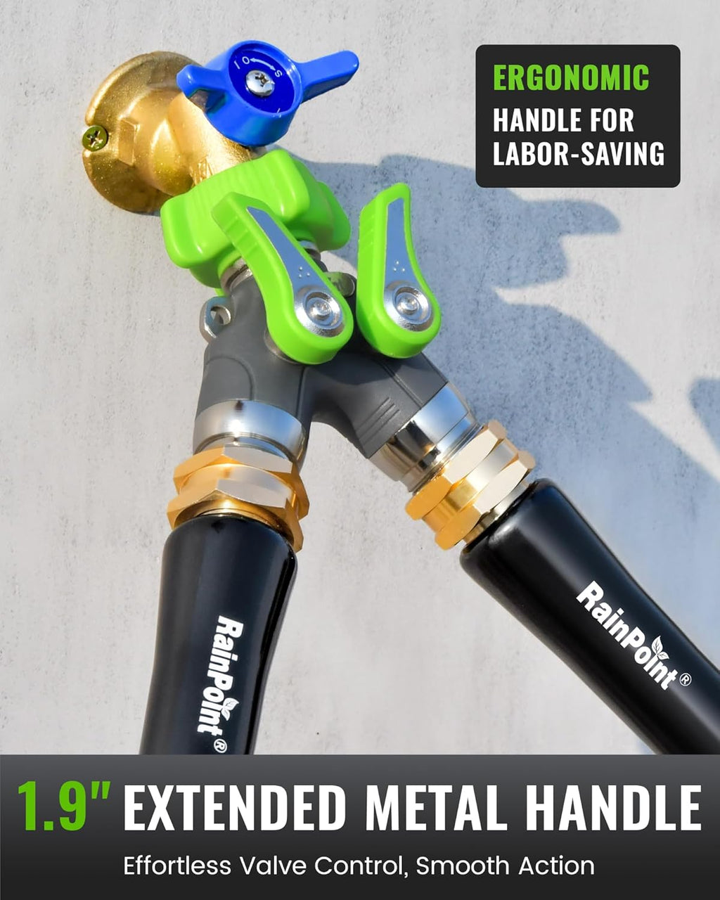 RAINPOINT 2-Way Garden Hose Splitter - Heavy Duty Metal Body with Shutoff Valves | 1.9" Long Handle, Green