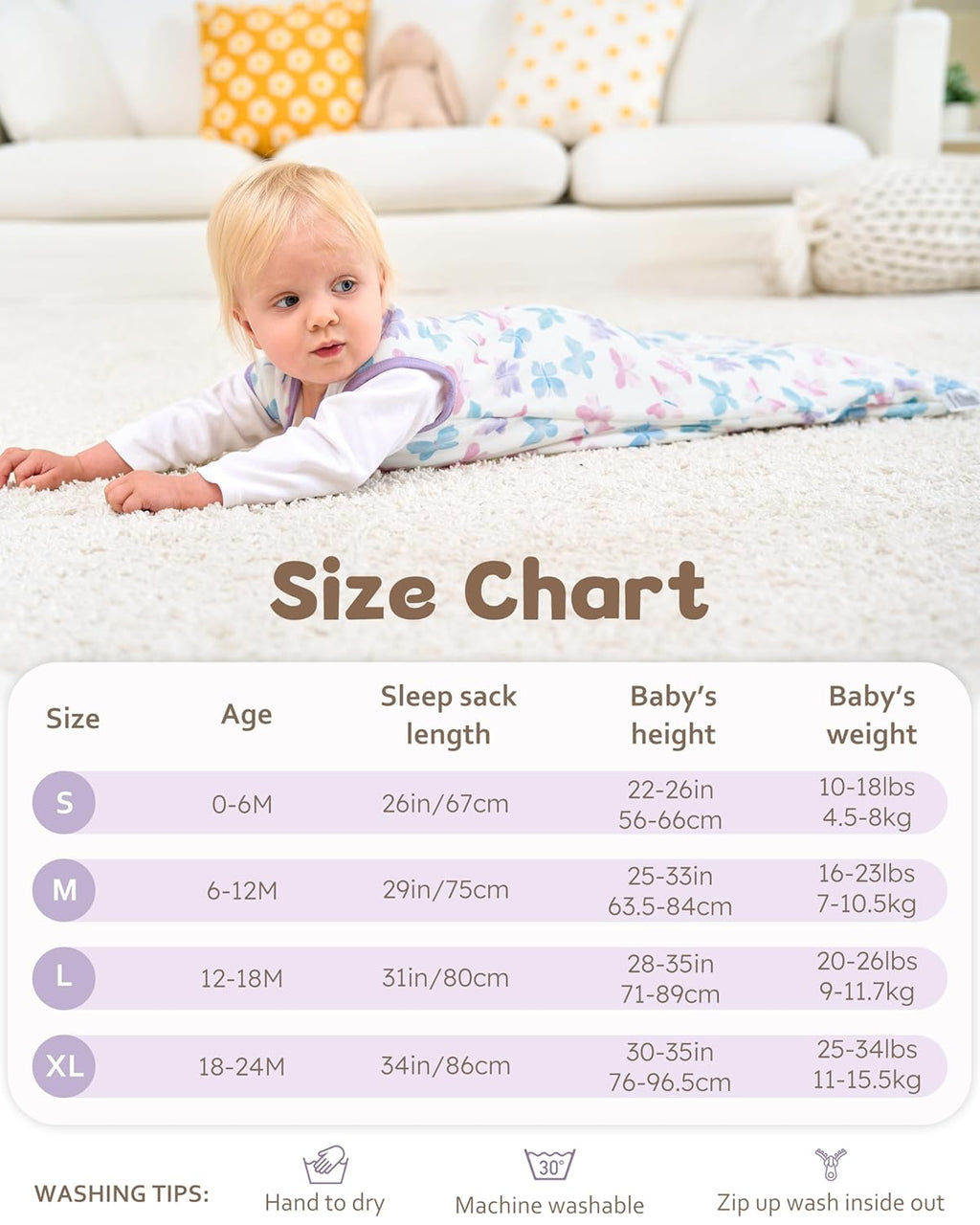 Rayon Made from Bamboo Baby Sleep Sack - Soft 1.0 Tog Wearable Blanket for Infants | 6-12 Months, 2-Pack, Purple Butterfly