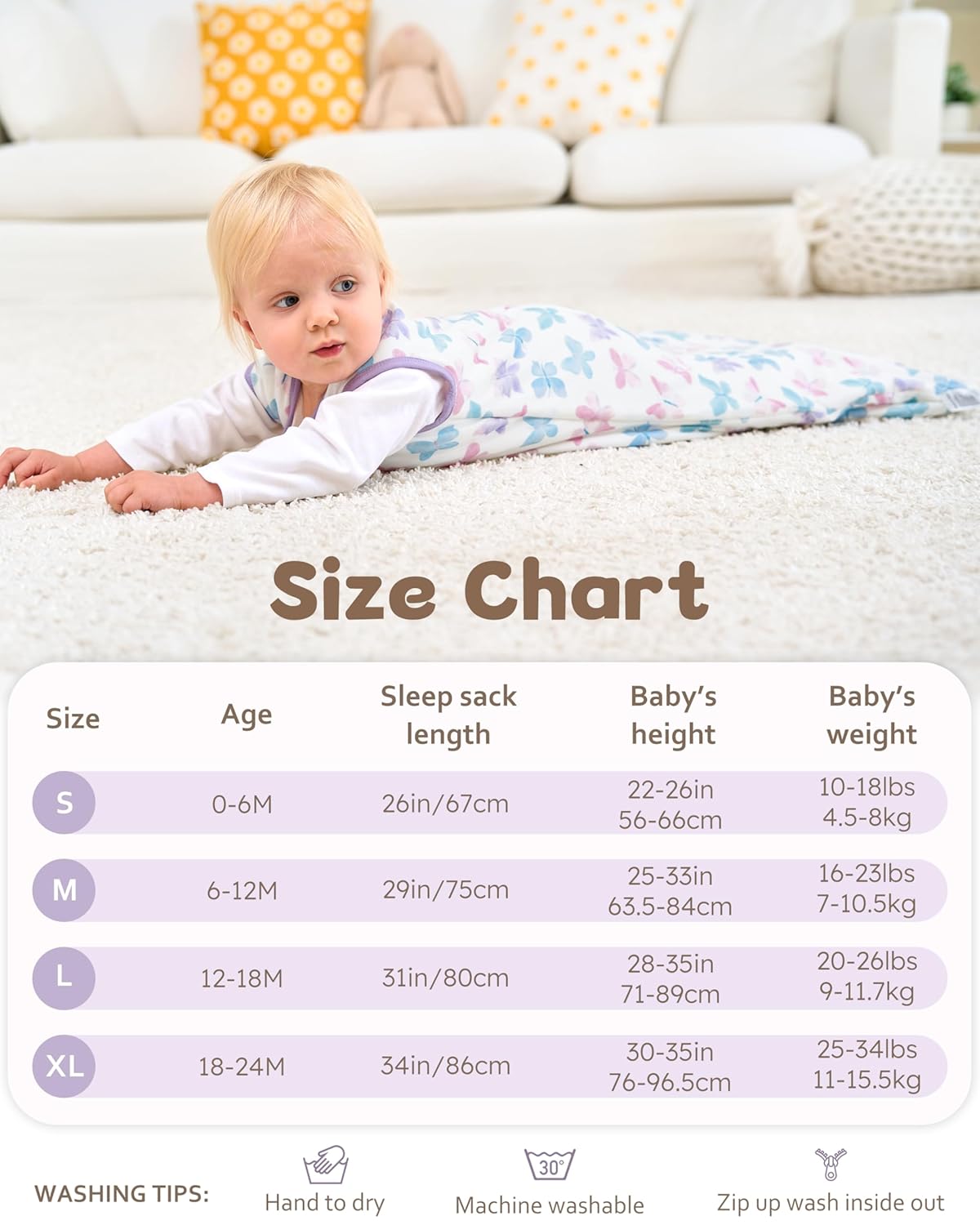 Rayon Made from Bamboo Baby Sleep Sack - Soft 1.0 Tog Wearable Blanket for Infants | 6-12 Months, 2-Pack, Purple Butterfly
