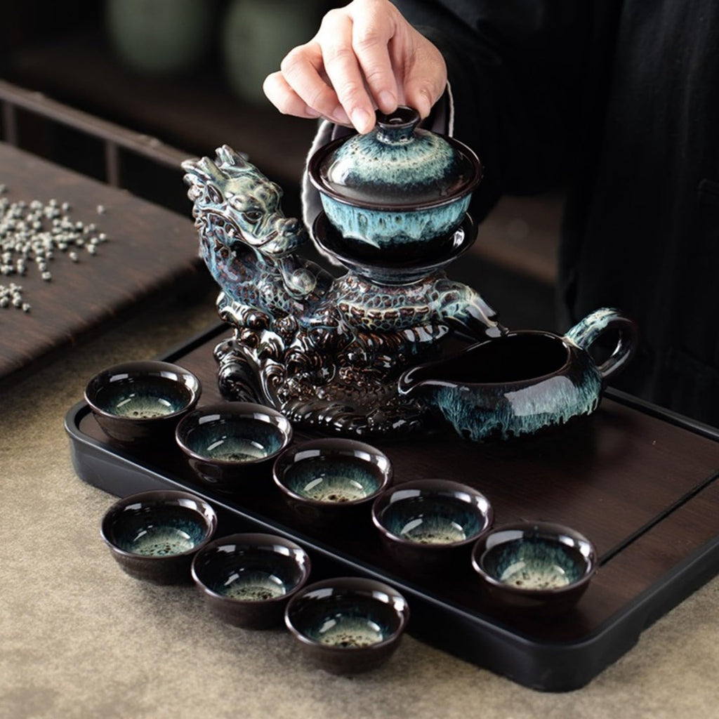 Chinese Gongfu Tea Set Ceramic Teapot with Infuser, 8 Cups, Semi Automatic Dragon Design for Loose Leaf Tea