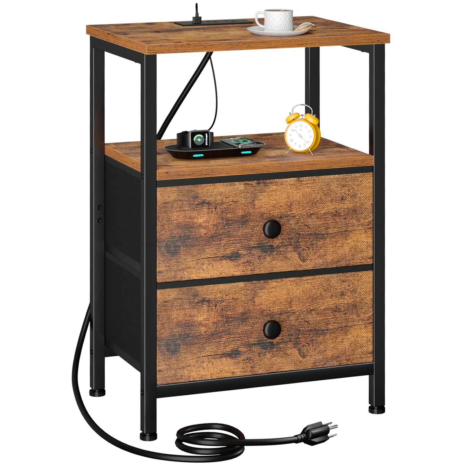 LOAKEKEL Night Stand with Charging Station, Small Bedside Table with 2 Fabric Drawers, Nightstand with USB Ports & Outlets for Bedroom, Brown, HETS020BR-1