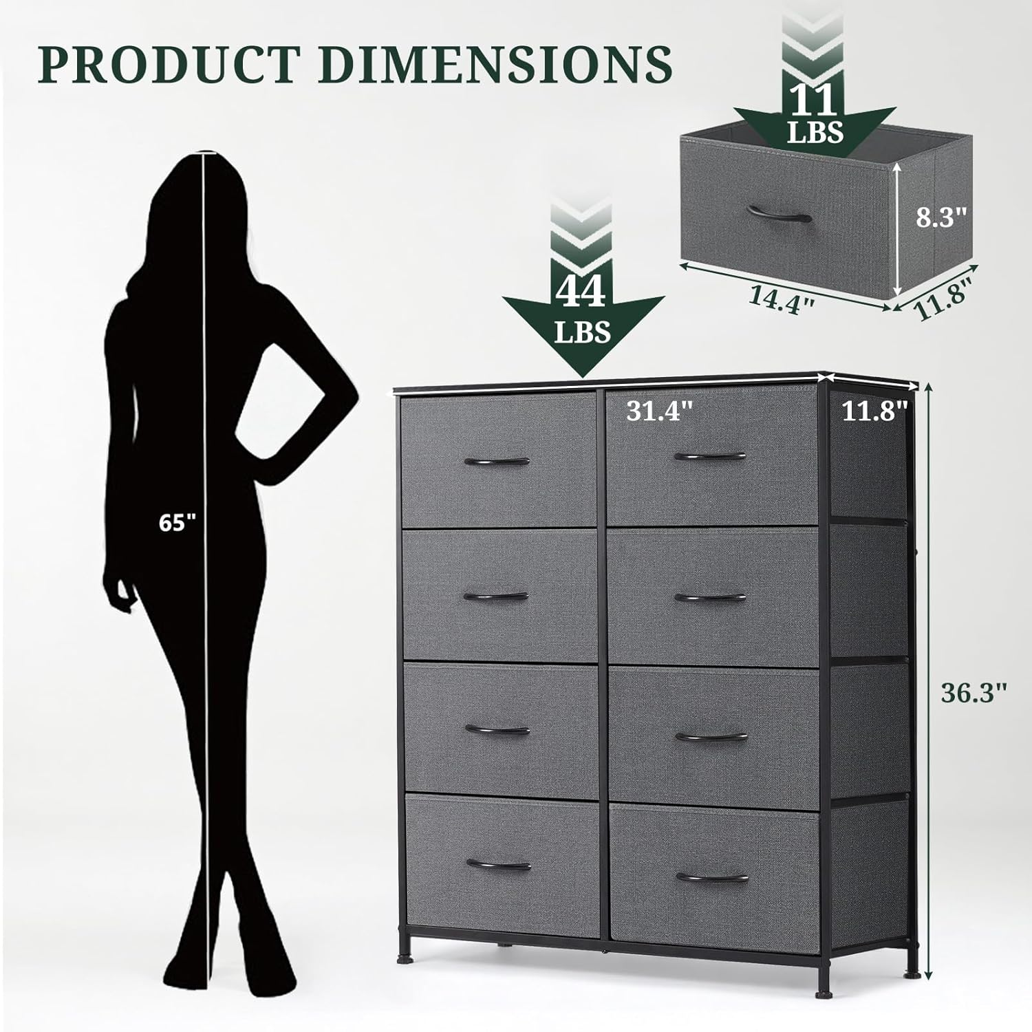 Skiennix 8-Drawer Dresser - Anti-Tip Tall Storage Organizer with Wooden Top & Metal Frame - Gray