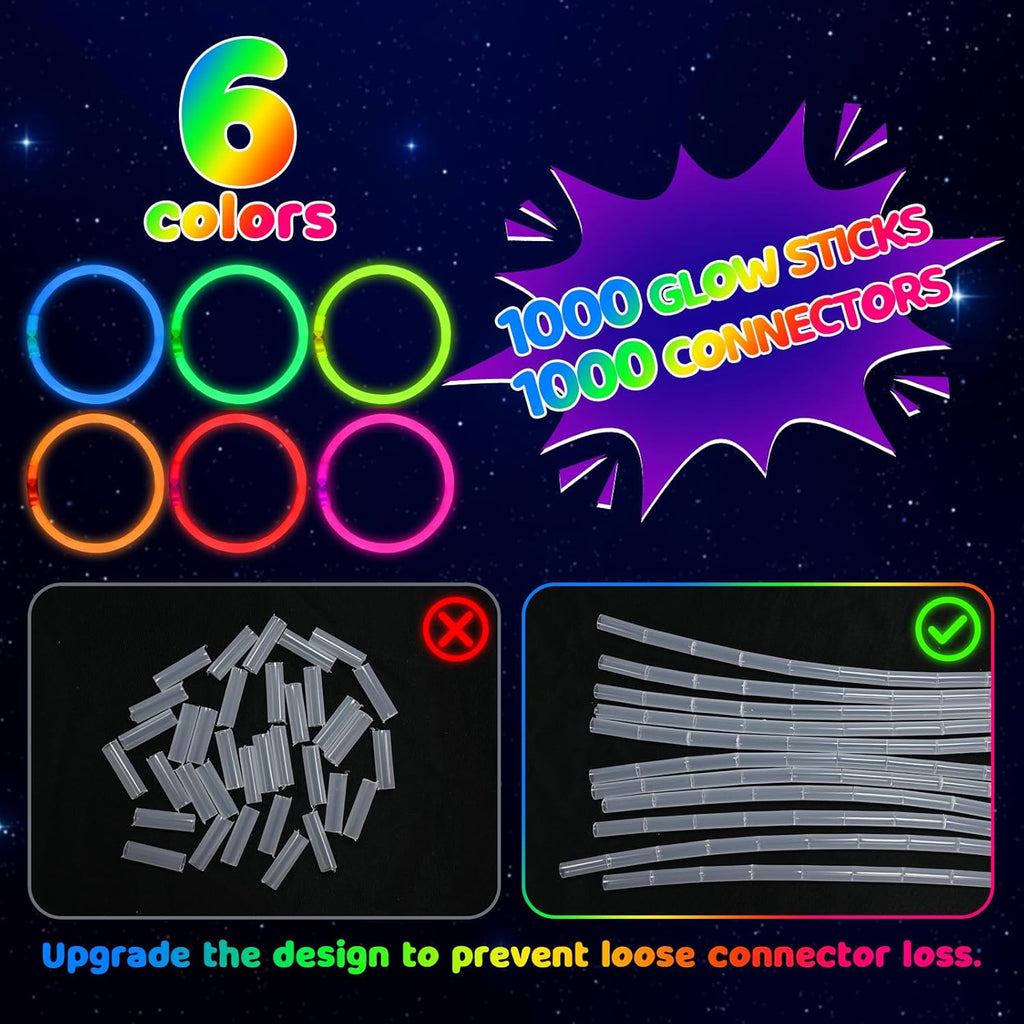 Mega-L Glow Sticks - 1000 Pcs Ultra Bright Glow Necklaces & Bracelets for Neon Parties | Bulk Party Supplies
