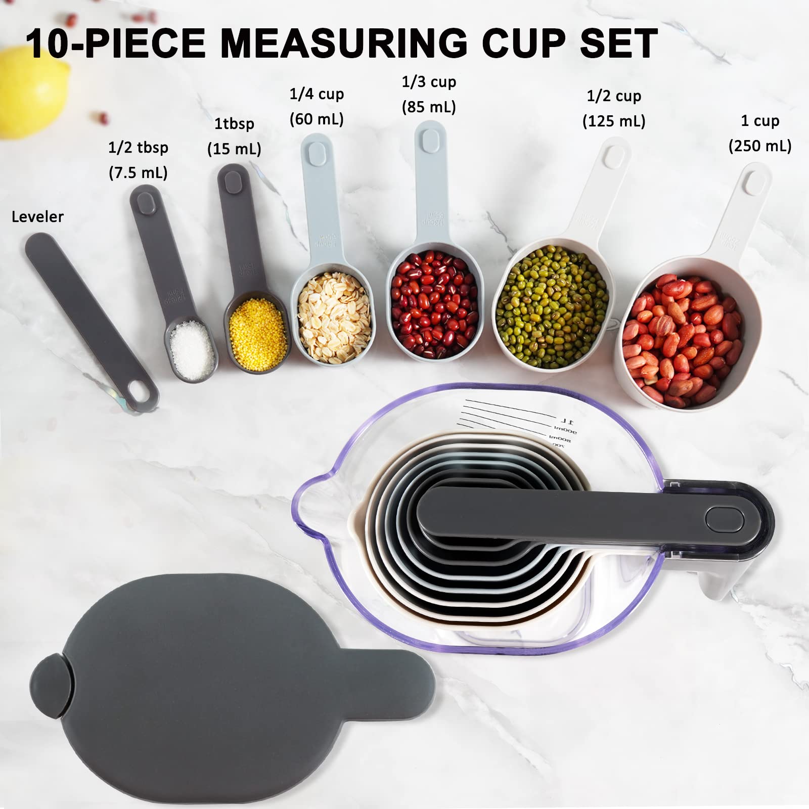 Recogwood 19 Pieces Measuring Cups and Spoons set, Includes 10 Stackable Measuring Cup with Lid and 9 Magnetic Measuring Spoons, Tablespoon for Liquid and Dry, BPA Free, Dishwasher Safe (Black)