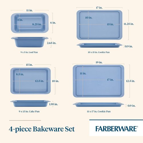 Farberware Nonstick Baking Set - 4 Piece Bakeware Set with Cookie Pans, Loaf Pan & Cake Pan - Blue
