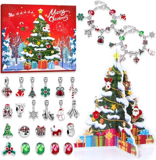 Advent Calendar 2025 - Kids' 24-Day Christmas Countdown with DIY Charm Beads & Bracelets | Red & Green