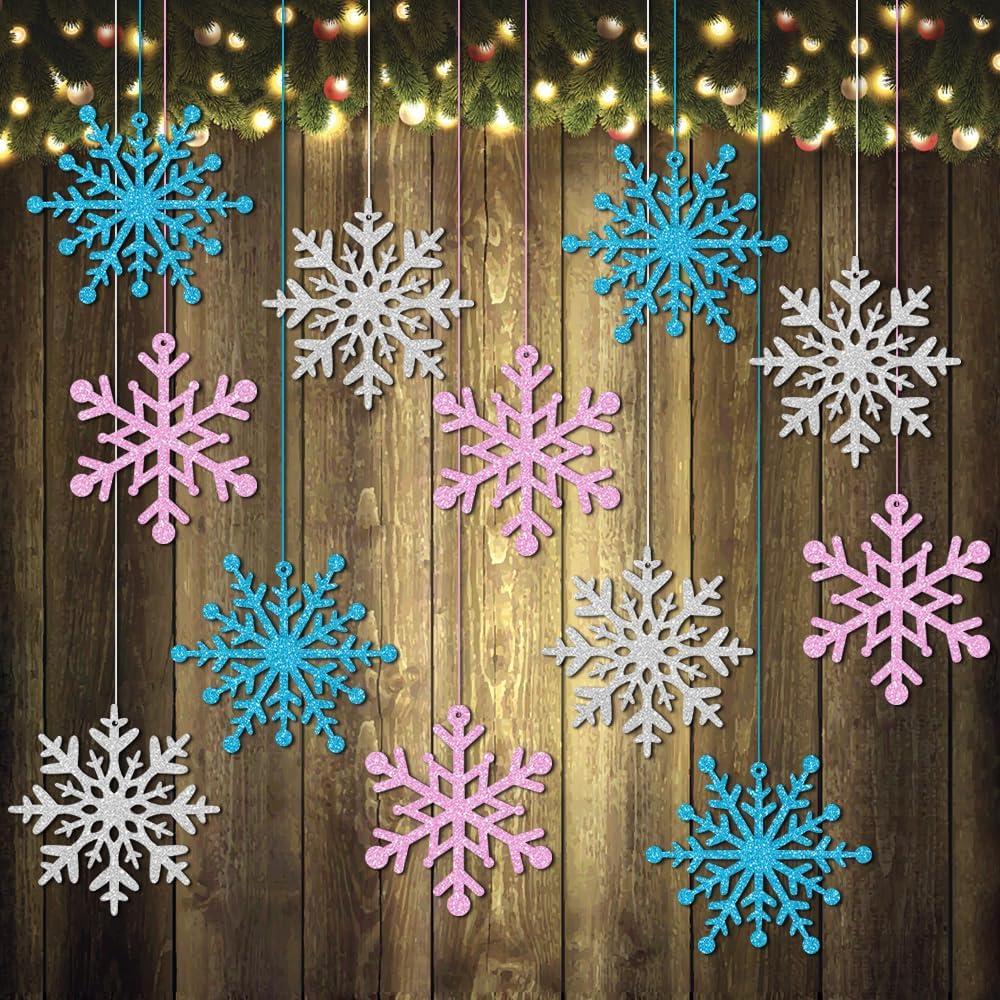 Skiennix Winter Snowflake Hanging Ornaments - Sparkly Ceiling Streamers for Holiday Decor | Glitter Pink, Blue, Silver