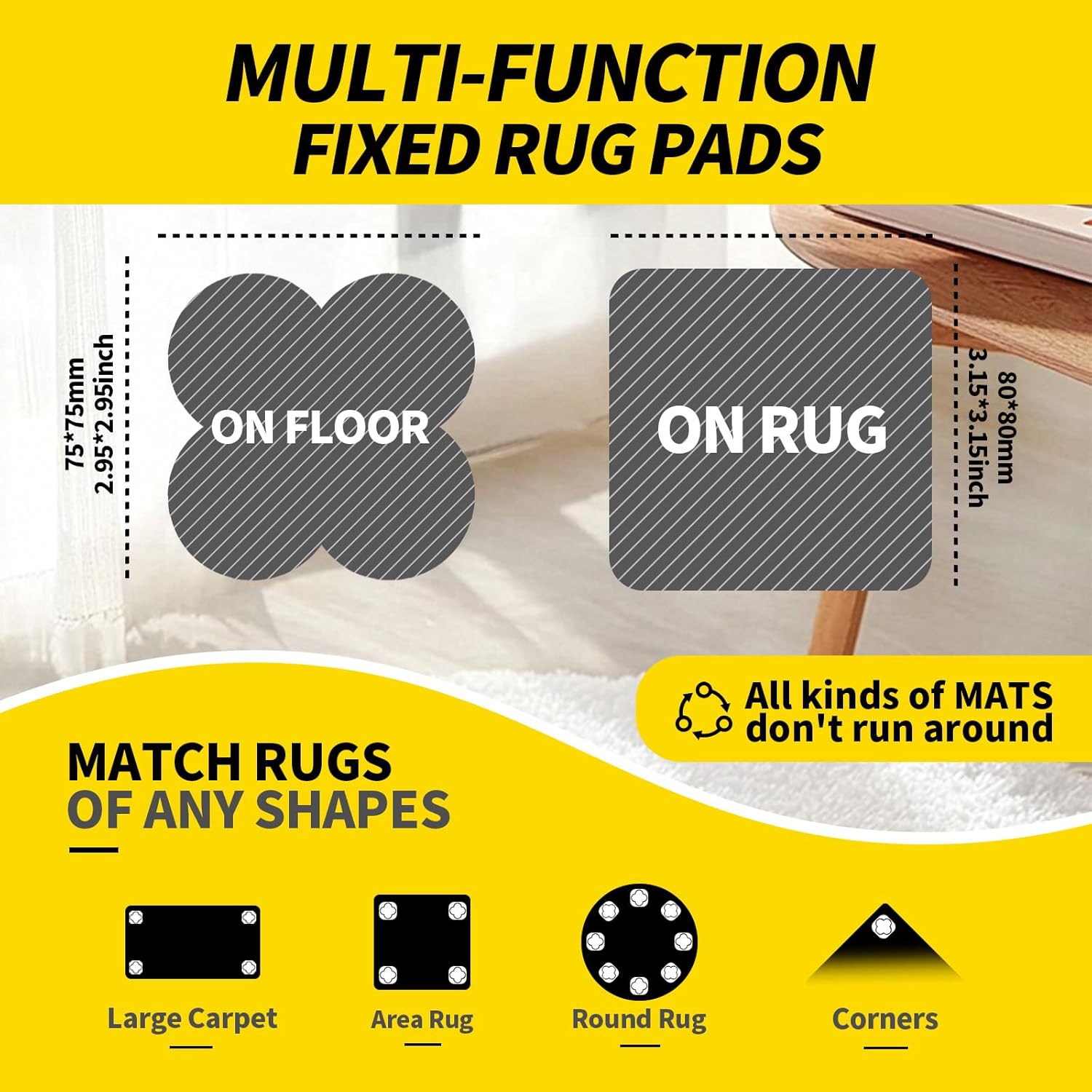 PHIXBEAR Carpet Pad Gripper - Heavy Duty Hook and Loop Strips for Hardwood Floors | 16 Sets