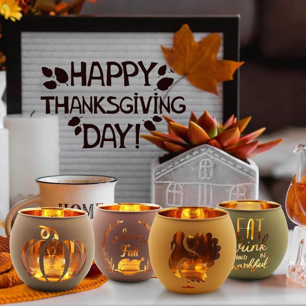 Thanksgiving Votive Candle Holder Set - 6 Glass Holders with Laser Engraved Patterns for Fall Decor