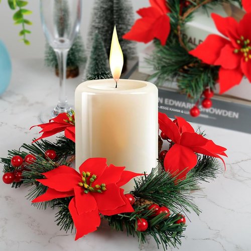 Christmas Candle Rings by [Brand Name] - Set of 2 Pinecone & Red Poinsettia Wreaths for Pillar & Taper Candles | Festive Centerpieces for Holiday Decor