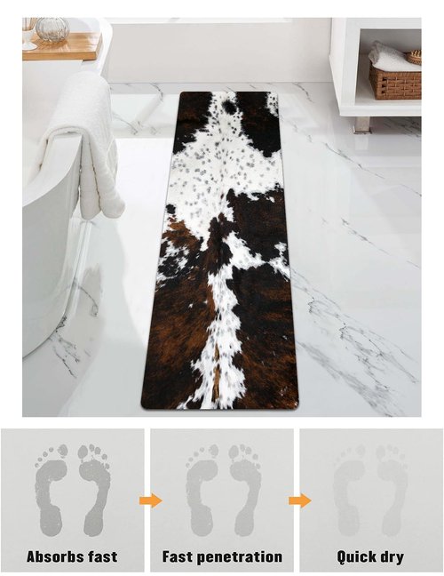 MUGINYU Cowhide Cow Print Long Bath Mat 20x63inch, Western Bathroom Runner Rug for Farmhouse Cowboy Decor,Large Quick Dry Absorbent Non-Slip Narrow Shower Rug for Bedroom Hallway Kitchen